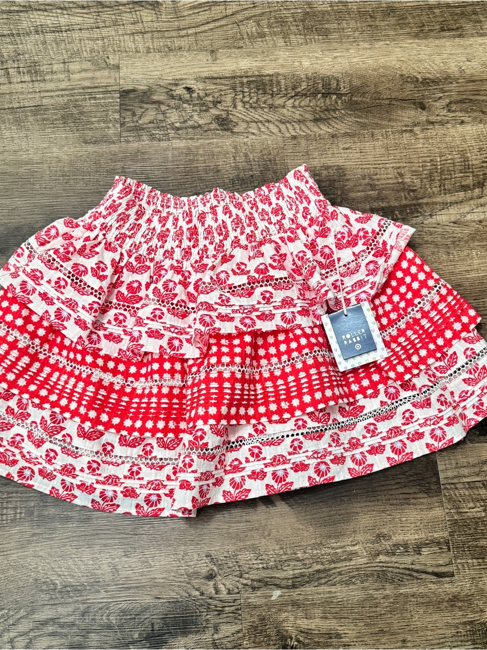 Roller Rabbit Red and White Smocked Floral Skirt
